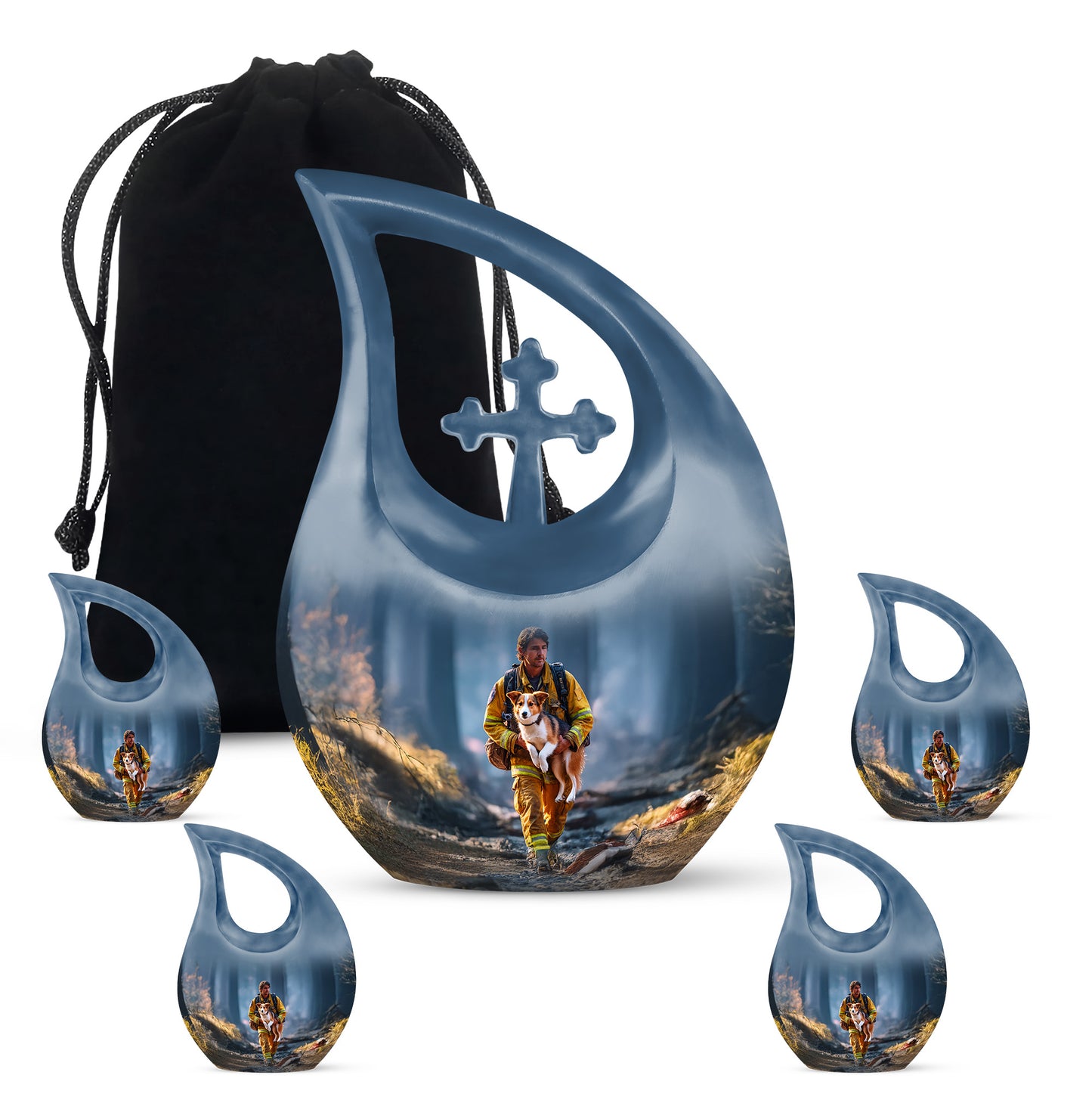 Indigo Firefighter Cremation Urn urn with complimentary velvet bag - sacred cross merged with firefighter motif on metal - memorial set with one large and four small urns