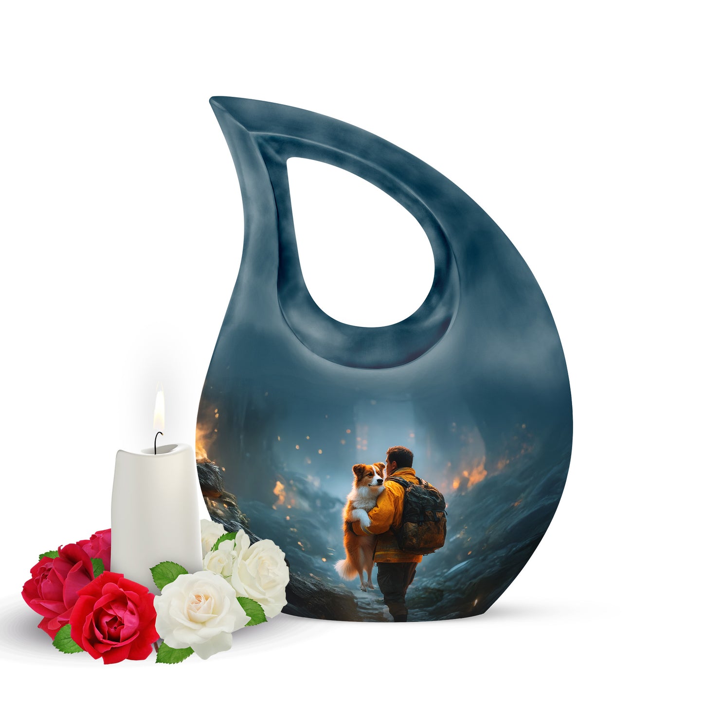 Blue Treasured Firefighter Cremation Urns for Human Ashes - 10-inch, 200 cu in - Yatskia
