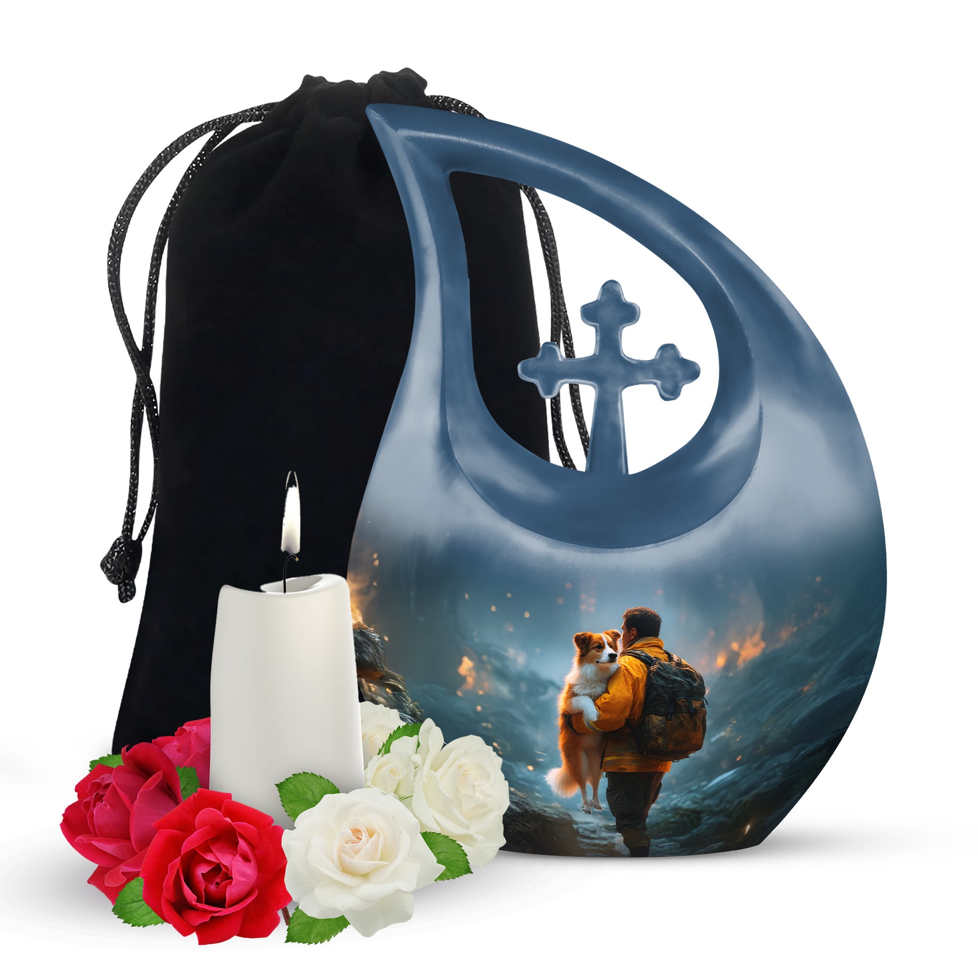 Soft Blue Firefighter Cremation Urn top-down view of secure threaded lid - devotional cross-drop firefighter engraving - full-size 10 inch 200 cubic inch adult cremation urn