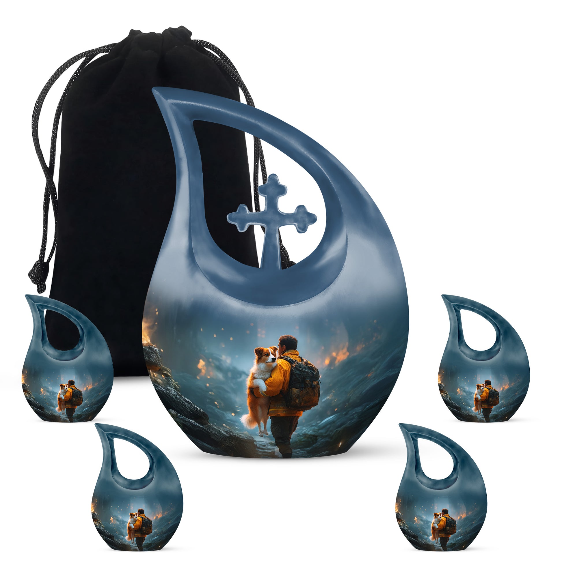 Powder Blue Firefighter Cremation Urn urn with complimentary velvet bag - sacred cross merged with firefighter motif on metal - memorial set with one large and four small urns