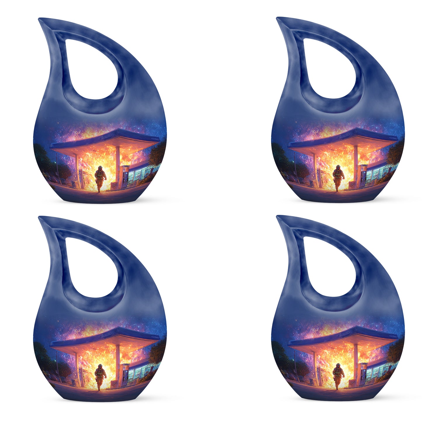 Pastel Blue Firefighter Cremation Urn lifestyle display on memorial shelf - cross and firefighter combined in spiritual memorial design - 10 inch aluminum urn for cremated remains