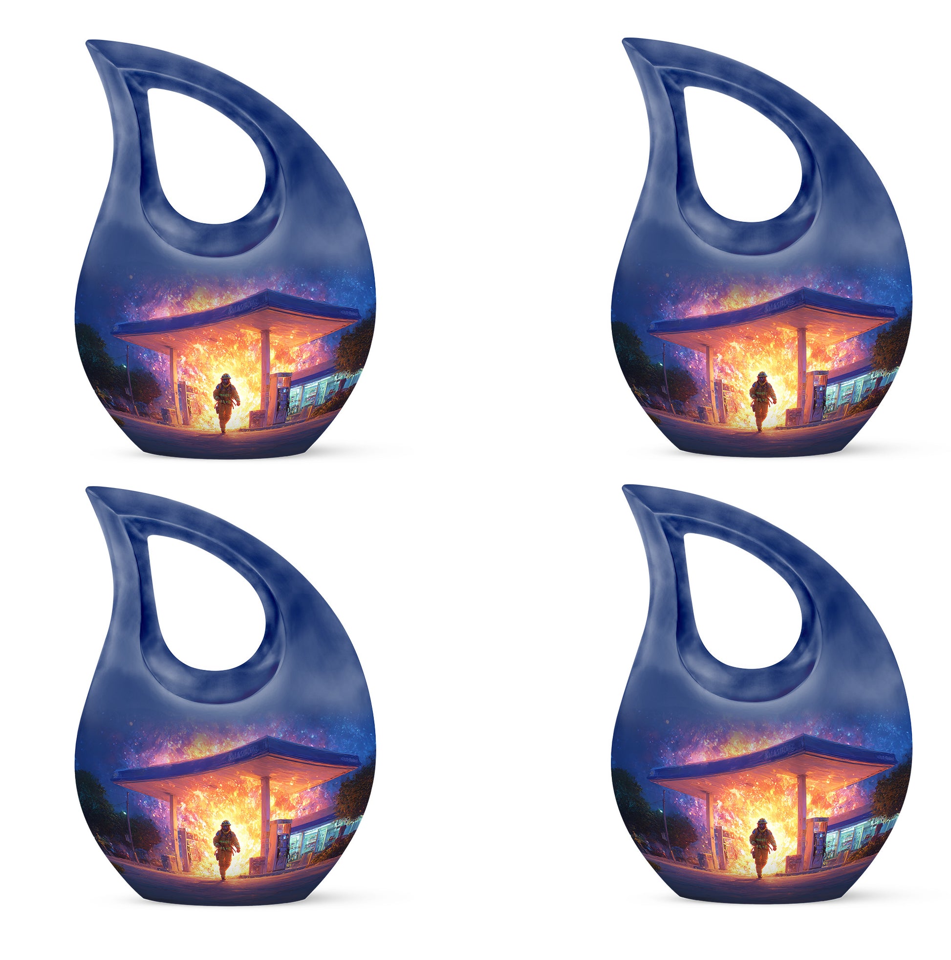 Pastel Blue Firefighter Cremation Urn lifestyle display on memorial shelf - cross and firefighter combined in spiritual memorial design - 10 inch aluminum urn for cremated remains