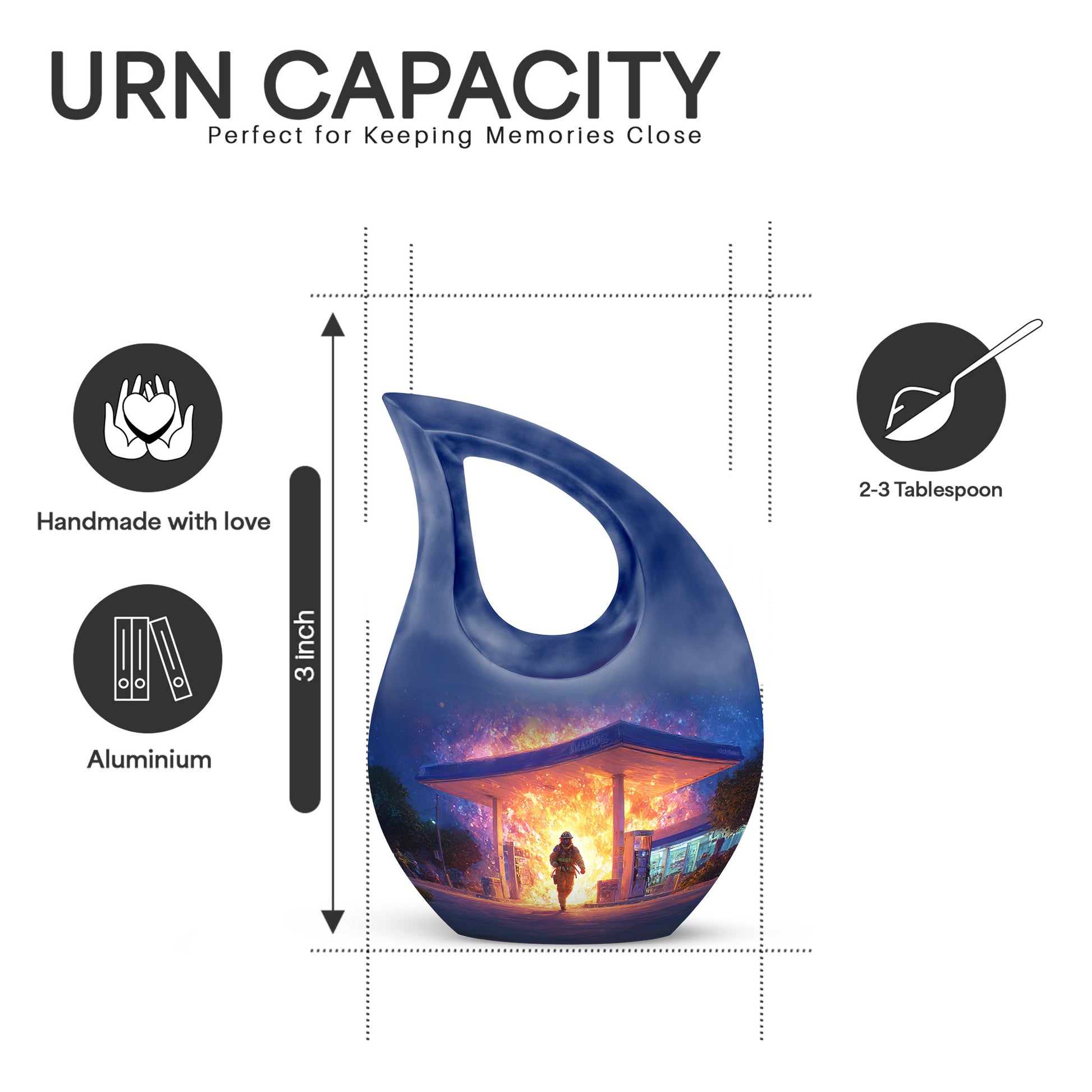 Royal Blue Firefighter Cremation Urn back view with polished surface - faith-inspired cross-drop urn with firefighter pattern - mini keepsake memorial for portion of cremation ashes