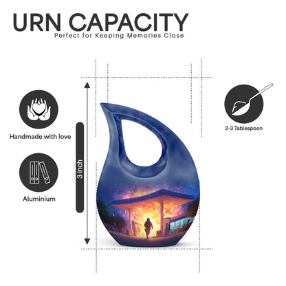 Royal Blue Firefighter Cremation Urn back view with polished surface - faith-inspired cross-drop urn with firefighter pattern - mini keepsake memorial for portion of cremation ashes