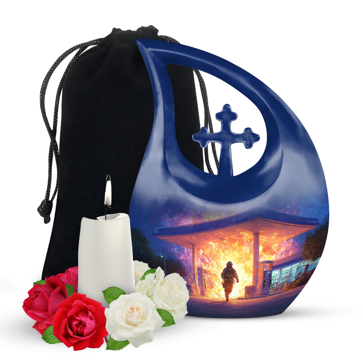 Celestial Blue Firefighter Cremation Urn top-down view of secure threaded lid - cross and firefighter combined in spiritual memorial design - full-size 10 inch 200 cubic inch adult cremation urn