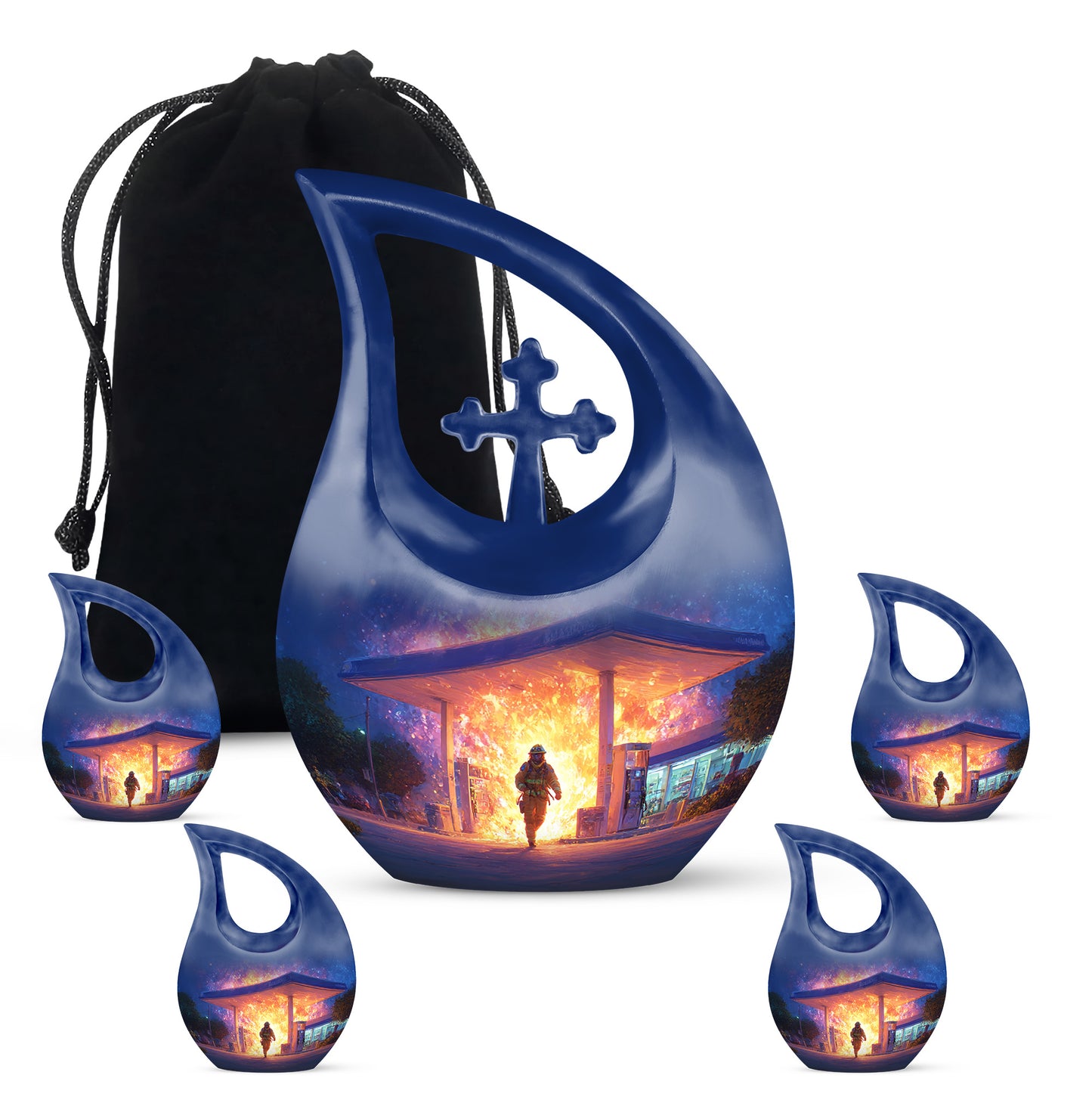 Cornflower Blue Firefighter Cremation Urn urn with complimentary velvet bag - faith-inspired cross-drop urn with firefighter pattern - memorial set with one large and four small urns