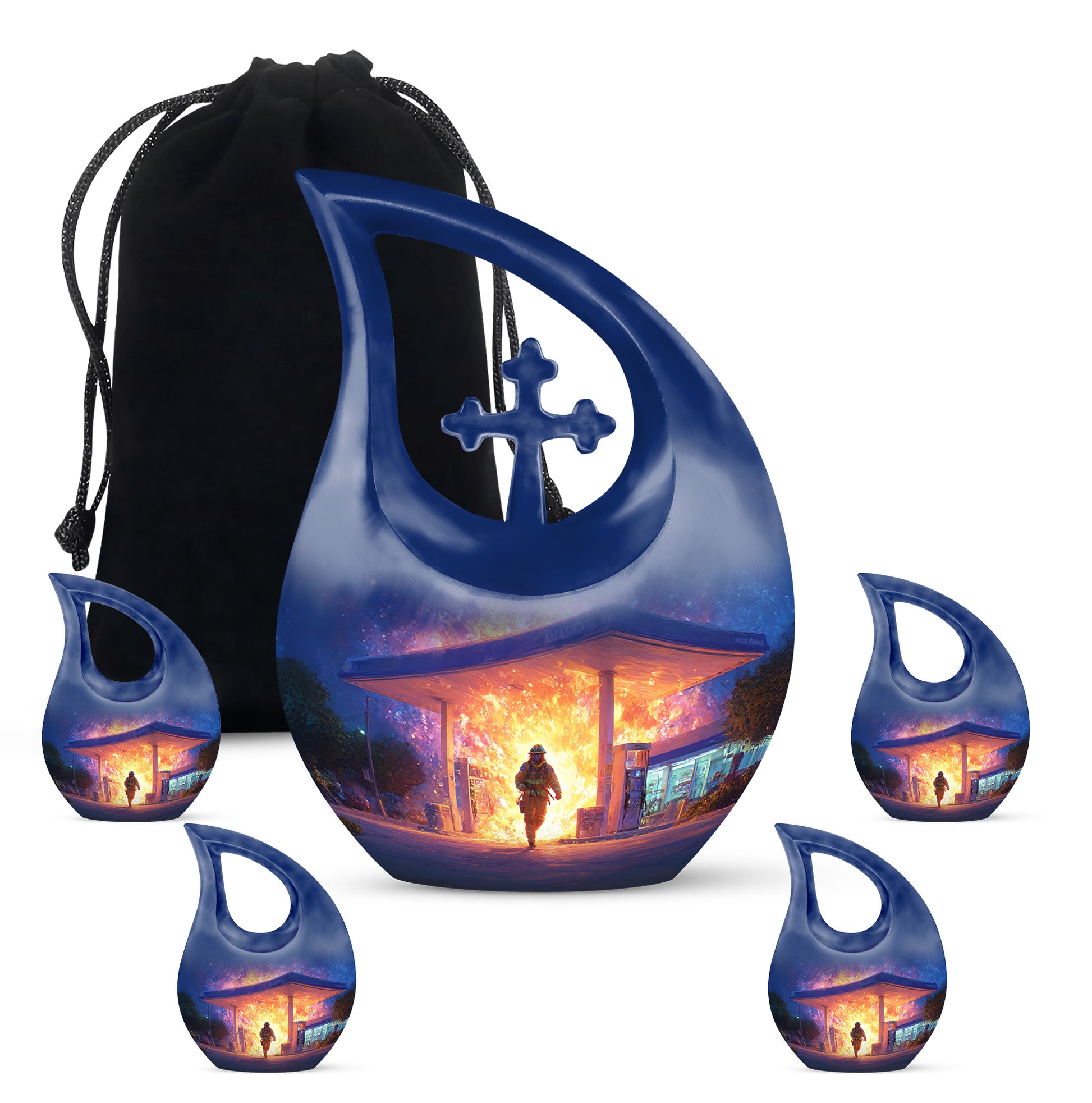 Cornflower Blue Firefighter Cremation Urn urn with complimentary velvet bag - faith-inspired cross-drop urn with firefighter pattern - memorial set with one large and four small urns