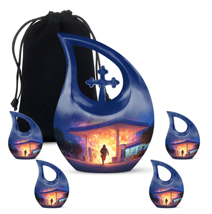 Cornflower Blue Firefighter Cremation Urn urn with complimentary velvet bag - faith-inspired cross-drop urn with firefighter pattern - memorial set with one large and four small urns