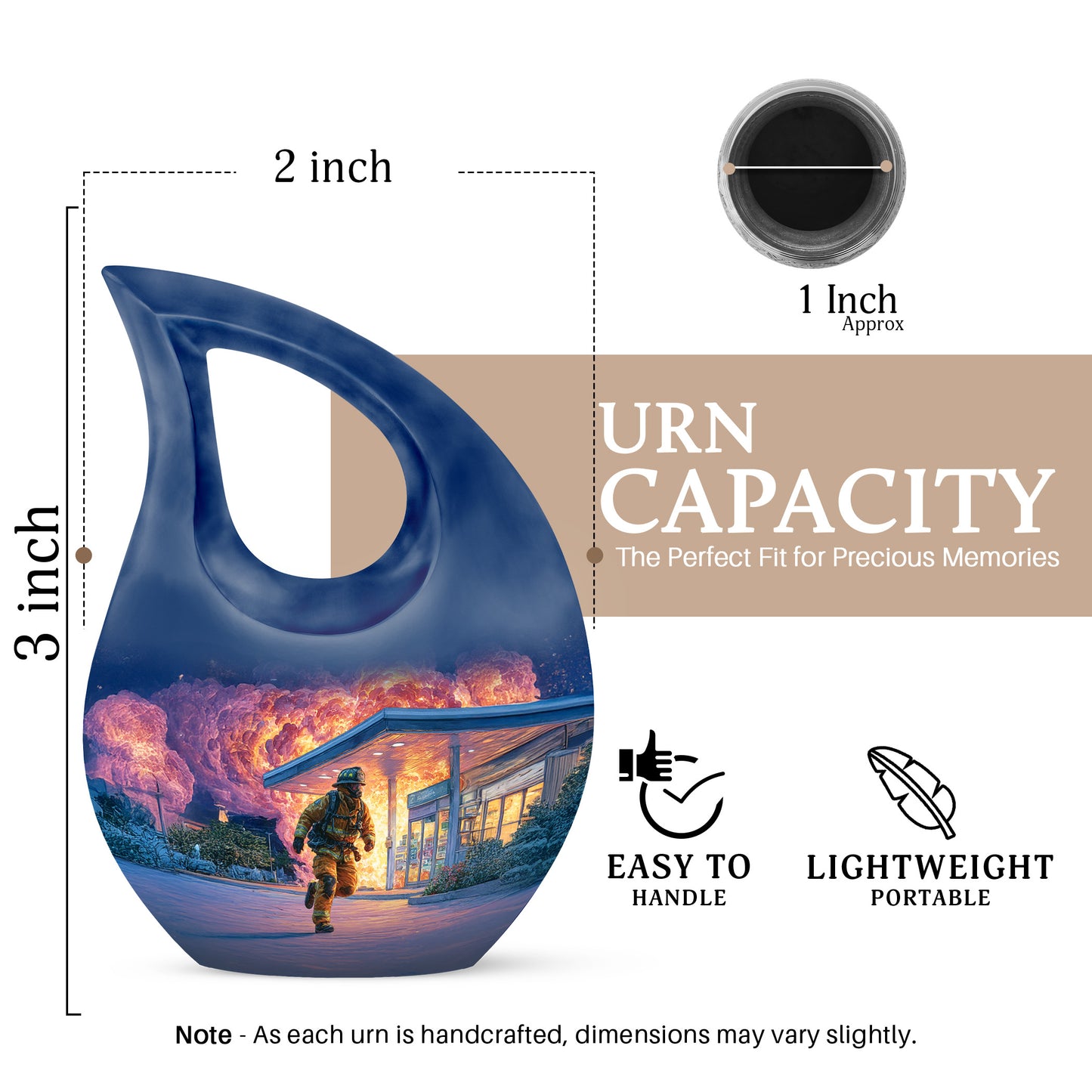 Twilight Blue Firefighter Cremation Urn back view with polished surface - devotional cross-drop firefighter engraving - mini keepsake memorial for portion of cremation ashes