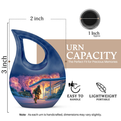 Twilight Blue Firefighter Cremation Urn back view with polished surface - devotional cross-drop firefighter engraving - mini keepsake memorial for portion of cremation ashes