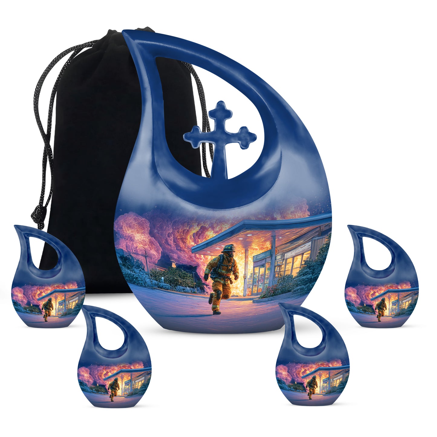 Azure Firefighter Cremation Urn urn with complimentary velvet bag - cross and firefighter combined in spiritual memorial design - memorial set with one large and four small urns