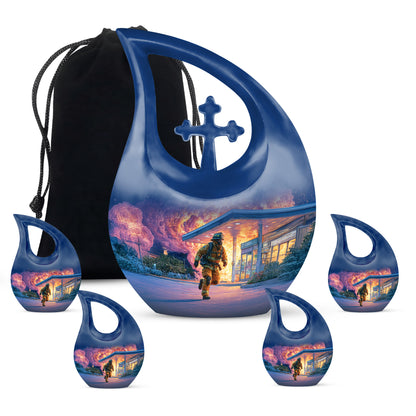 Azure Firefighter Cremation Urn urn with complimentary velvet bag - cross and firefighter combined in spiritual memorial design - memorial set with one large and four small urns