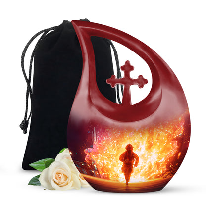 Peony Pink Firefighter Cremation Urn top-down view of secure threaded lid - cross and firefighter combined in spiritual memorial design - full-size 10 inch 200 cubic inch adult cremation urn