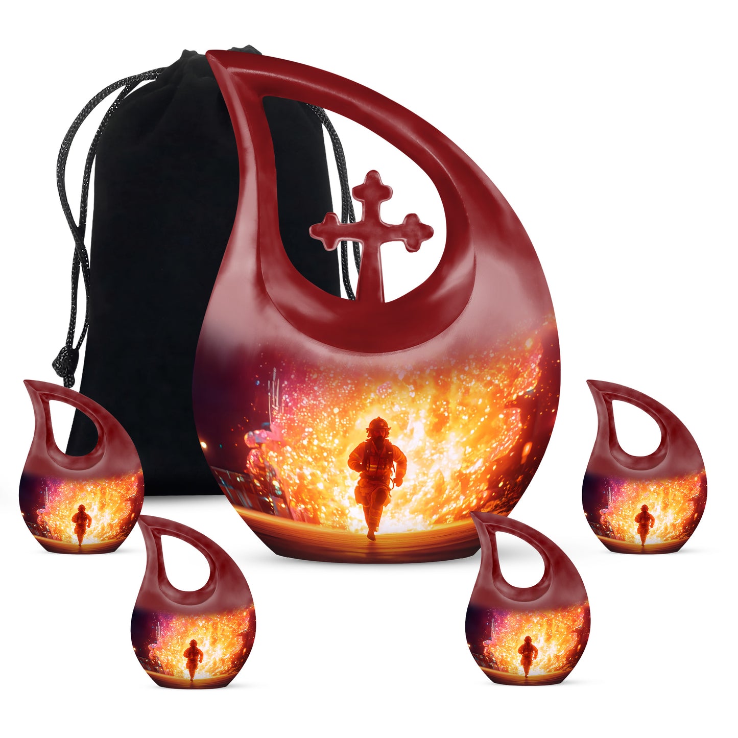 Coral Pink Firefighter Cremation Urn urn with complimentary velvet bag - sacred cross merged with firefighter motif on metal - memorial set with one large and four small urns