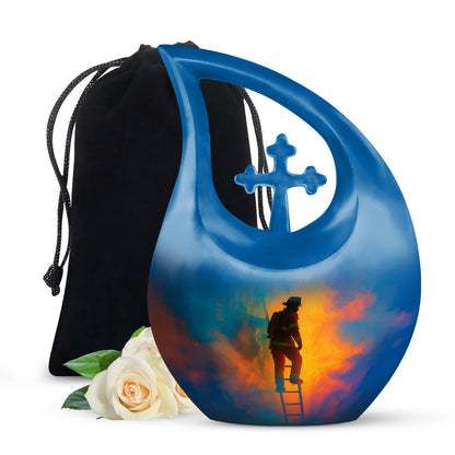 Vivid Blue Firefighter Cremation Urn top-down view of secure threaded lid - faith-inspired cross-drop urn with firefighter pattern - full-size 10 inch 200 cubic inch adult cremation urn