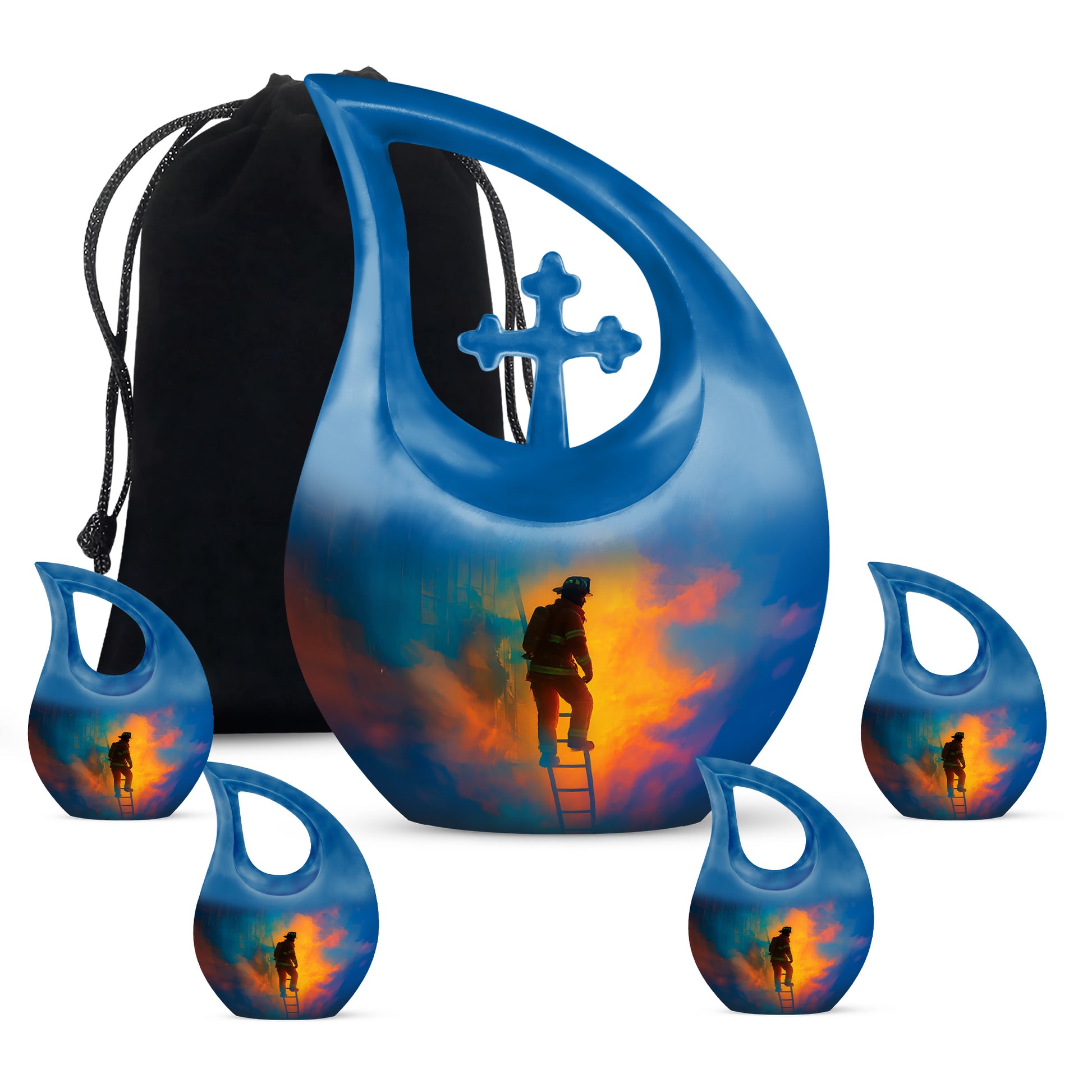 Twilight Blue Firefighter Cremation Urn urn with complimentary velvet bag - devotional cross-drop firefighter engraving - memorial set with one large and four small urns