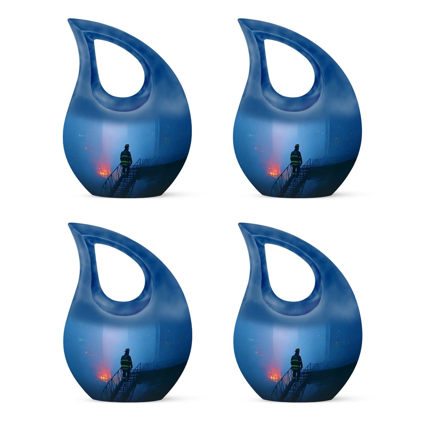 Steel Blue Firefighter Cremation Urn lifestyle display on memorial shelf - devotional cross-drop firefighter engraving - 10 inch aluminum urn for cremated remains