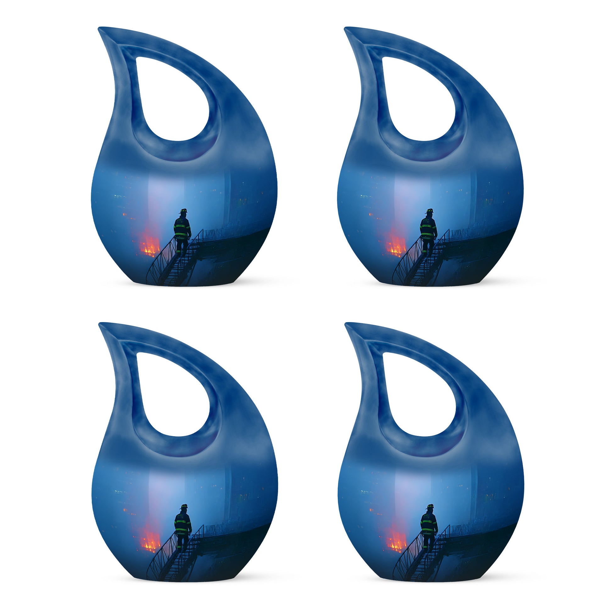 Steel Blue Firefighter Cremation Urn lifestyle display on memorial shelf - devotional cross-drop firefighter engraving - 10 inch aluminum urn for cremated remains