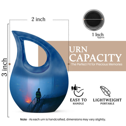 Royal Blue Firefighter Cremation Urn back view with polished surface - devotional cross-drop firefighter engraving - mini keepsake memorial for portion of cremation ashes