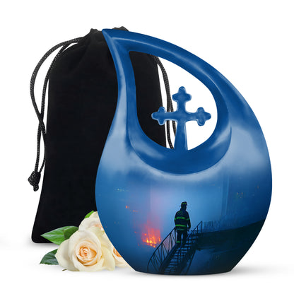 Slate Blue Firefighter Cremation Urn top-down view of secure threaded lid - sacred cross merged with firefighter motif on metal - full-size 10 inch 200 cubic inch adult cremation urn