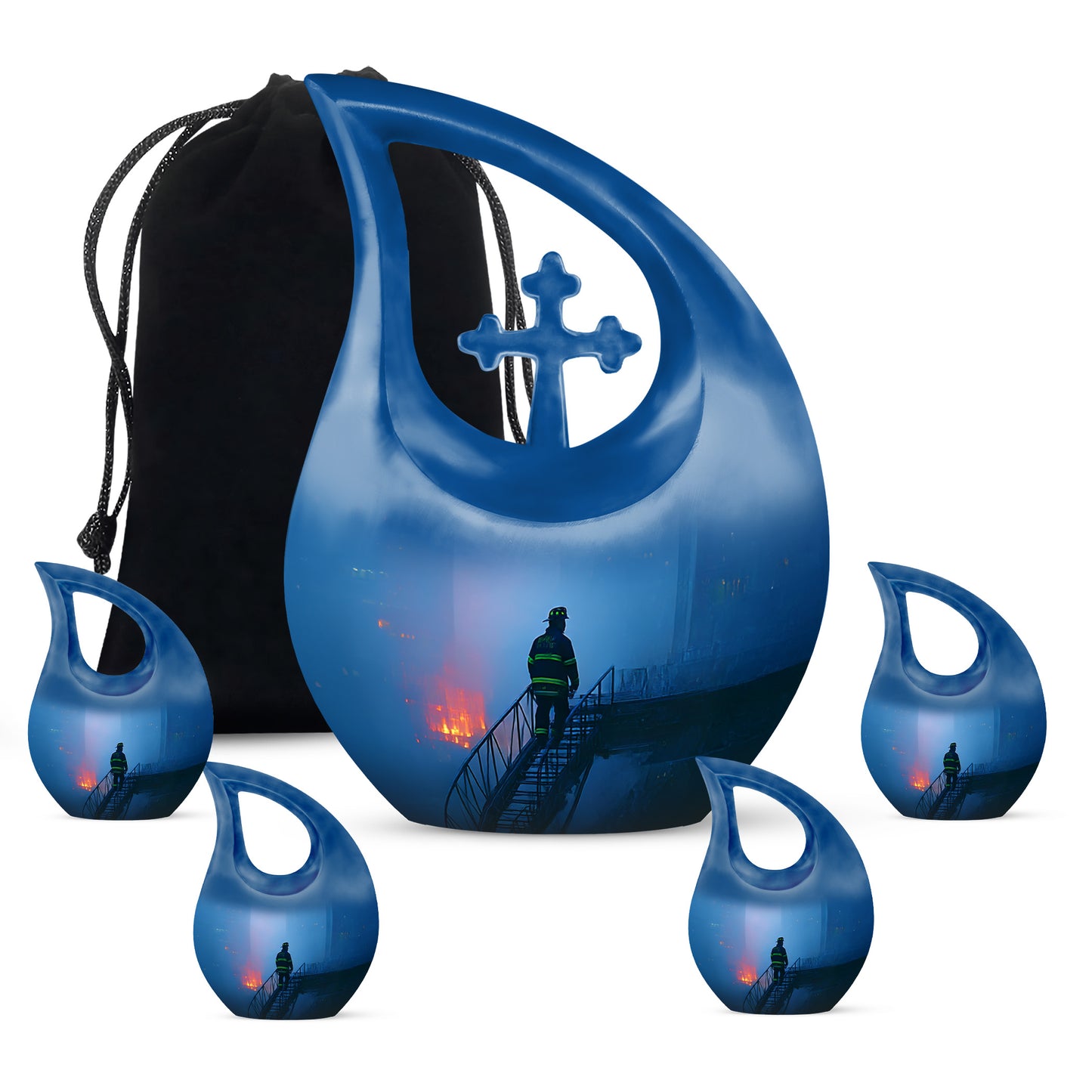 Steel Blue Firefighter Cremation Urn urn with complimentary velvet bag - devotional cross-drop firefighter engraving - memorial set with one large and four small urns