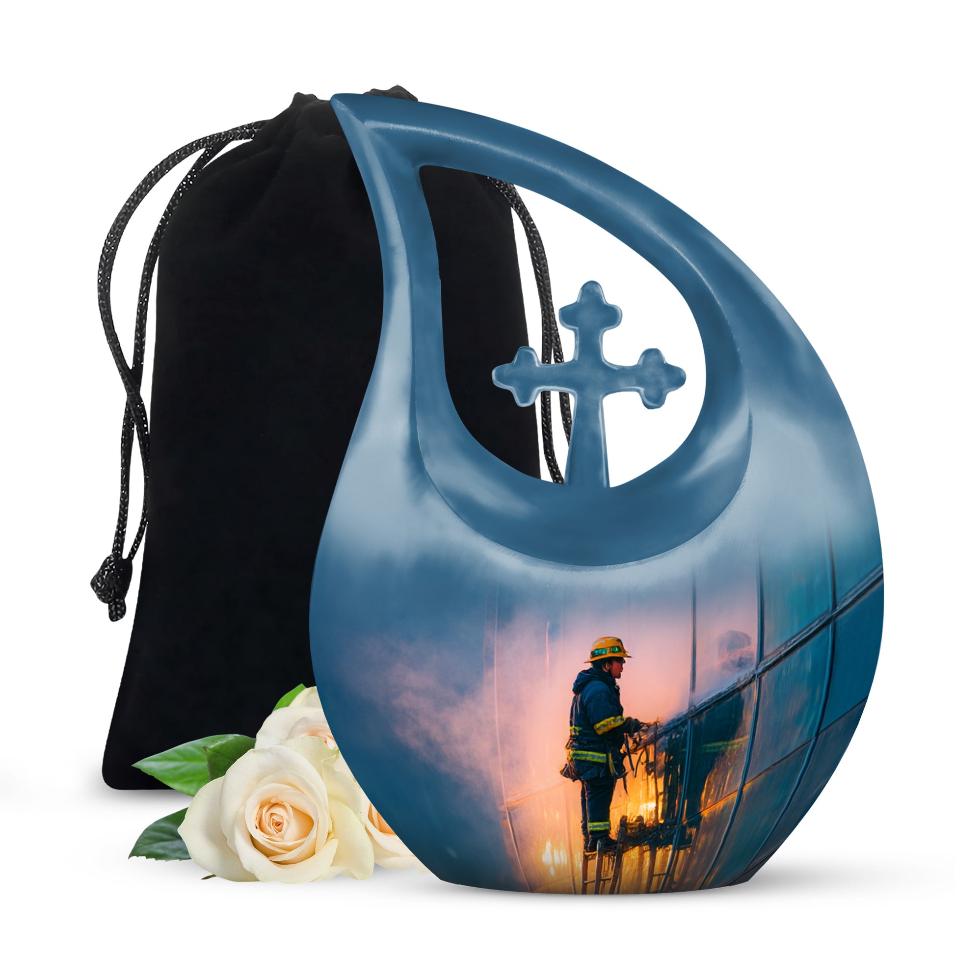 Dusty Blue Firefighter Cremation Urn top-down view of secure threaded lid - sacred cross merged with firefighter motif on metal - full-size 10 inch 200 cubic inch adult cremation urn