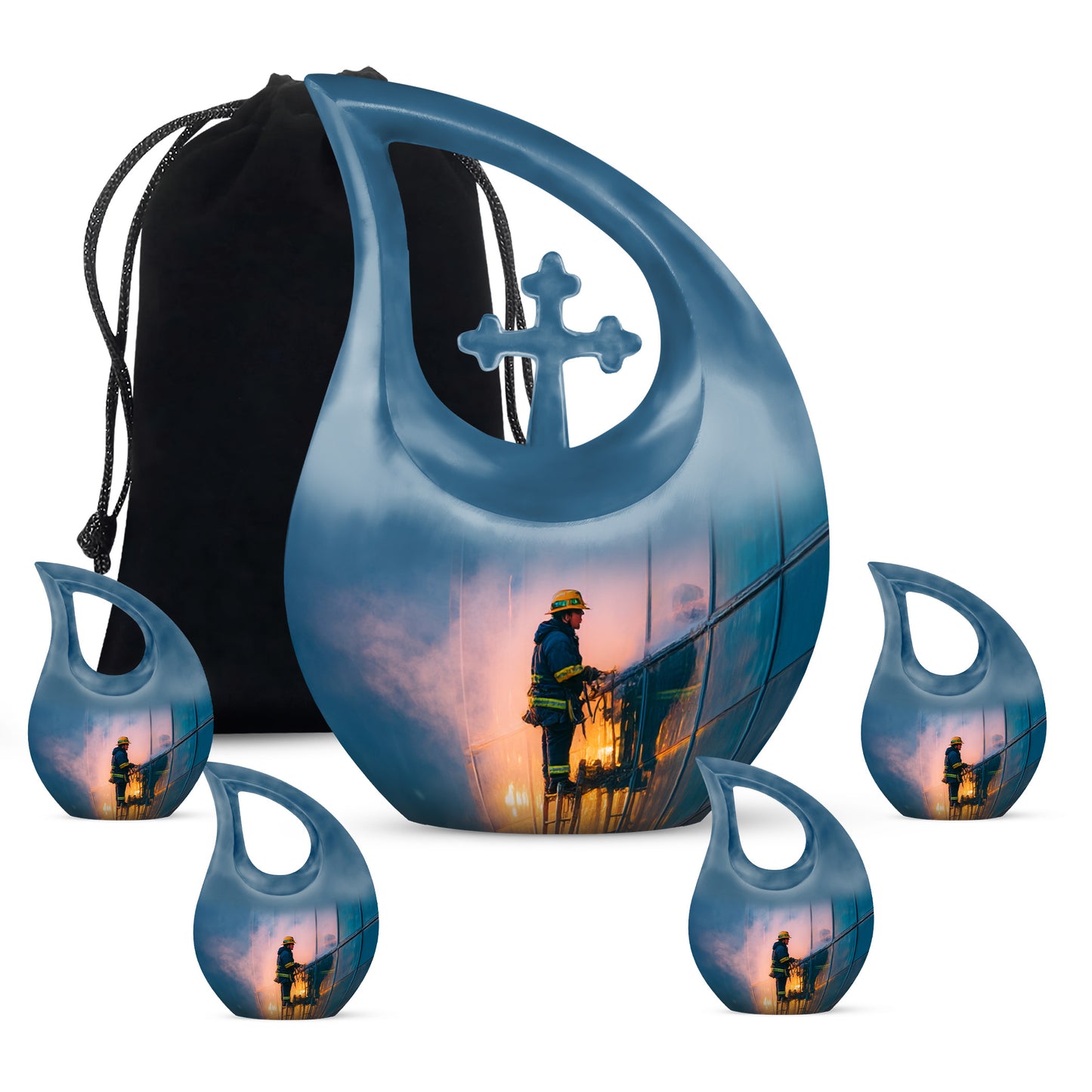 Pastel Blue Firefighter Cremation Urn urn with complimentary velvet bag - sacred cross merged with firefighter motif on metal - memorial set with one large and four small urns
