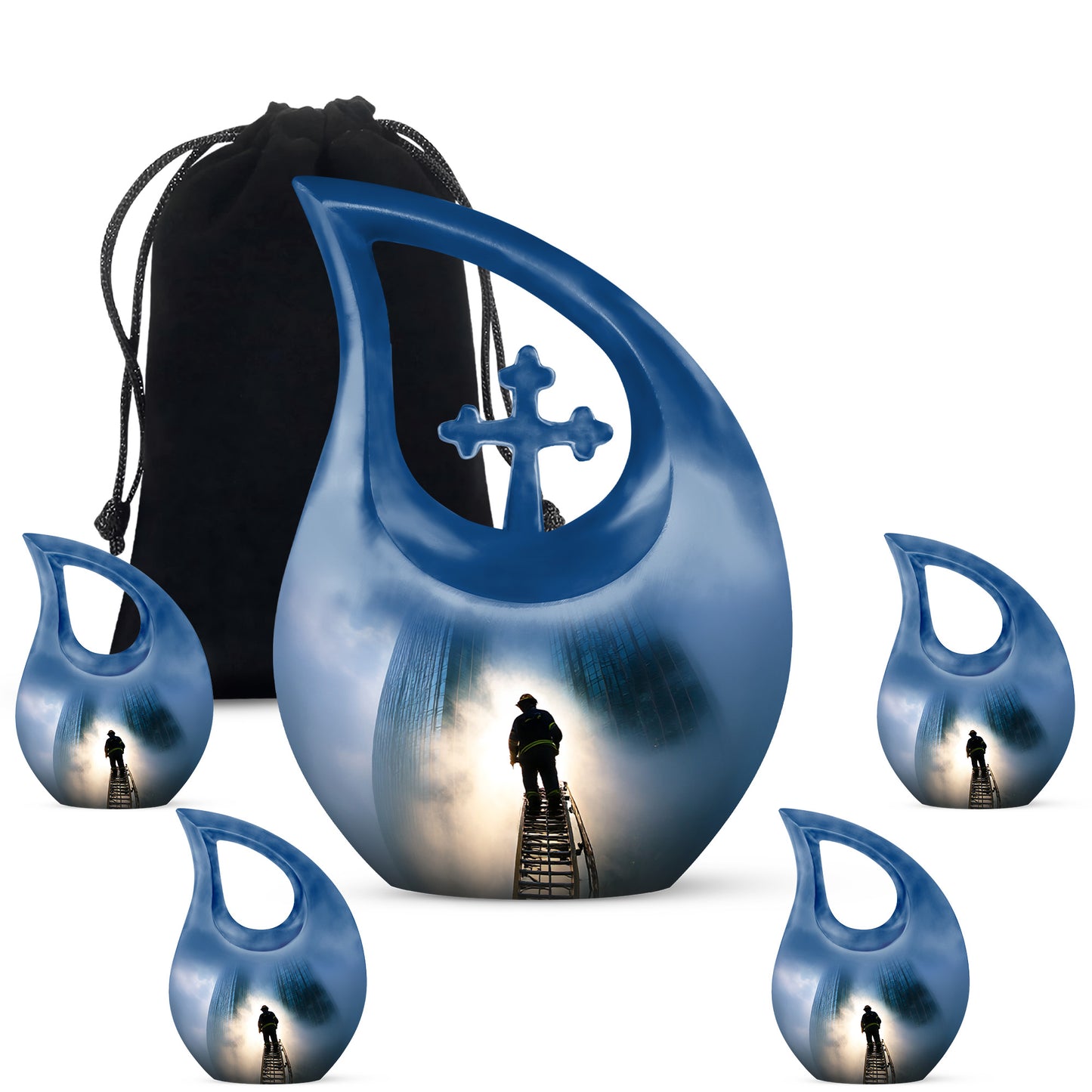 Dusty Blue Firefighter Cremation Urn urn with complimentary velvet bag - sacred cross merged with firefighter motif on metal - memorial set with one large and four small urns