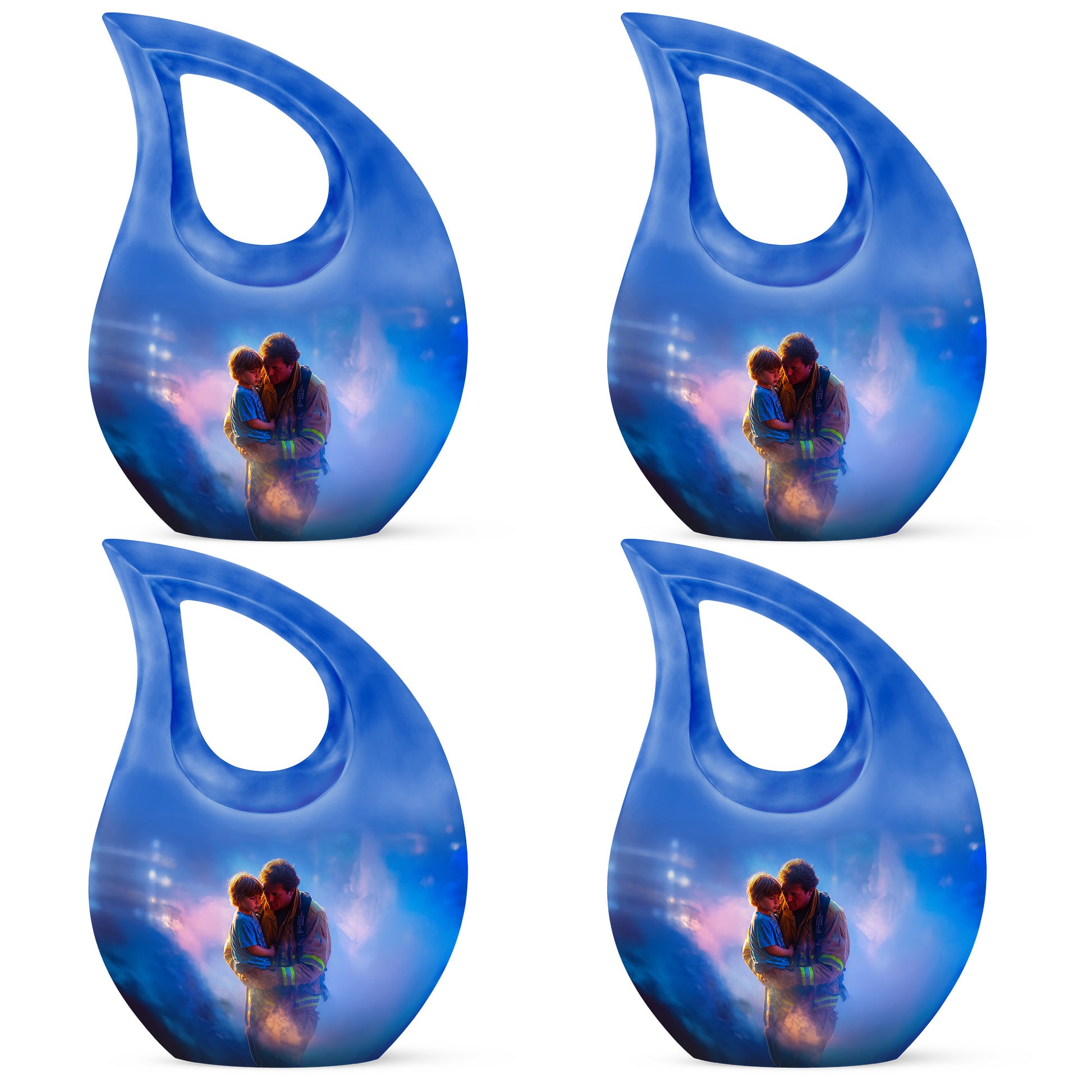Bright Blue Firefighter Cremation Urn lifestyle display on memorial shelf - devotional cross-drop firefighter engraving - 10 inch aluminum urn for cremated remains