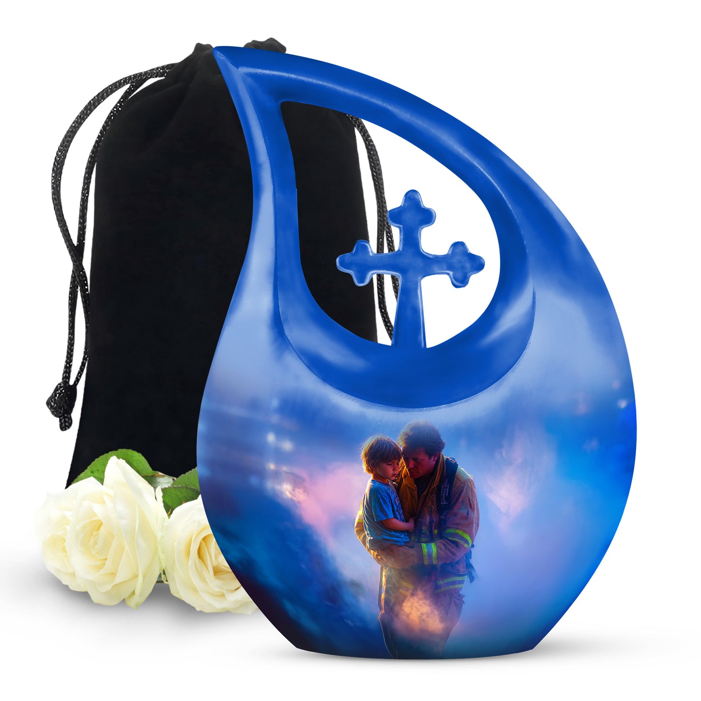 Vivid Blue Firefighter Cremation Urn top-down view of secure threaded lid - devotional cross-drop firefighter engraving - full-size 10 inch 200 cubic inch adult cremation urn