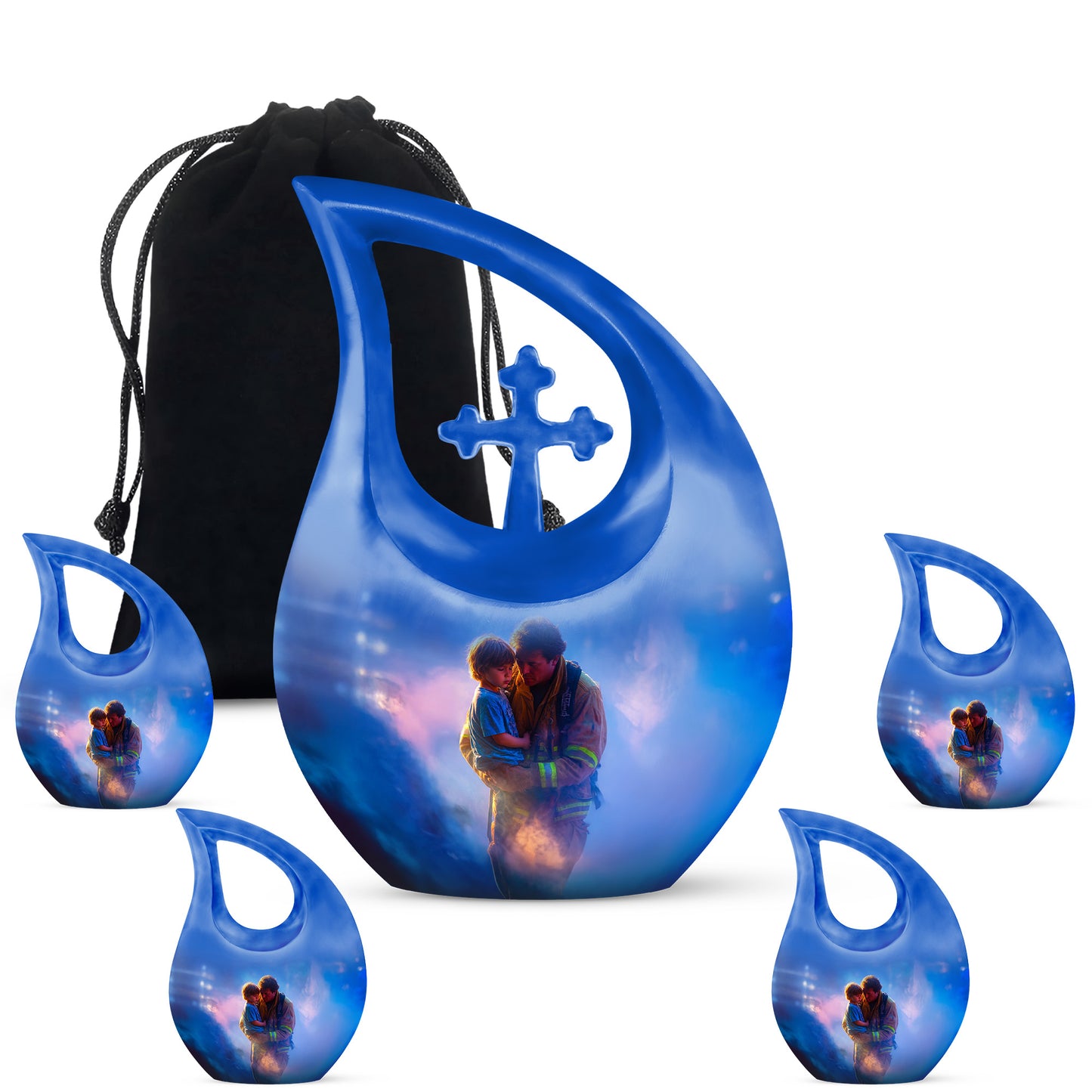 Sapphire Blue Firefighter Cremation Urn urn with complimentary velvet bag - devotional cross-drop firefighter engraving - memorial set with one large and four small urns