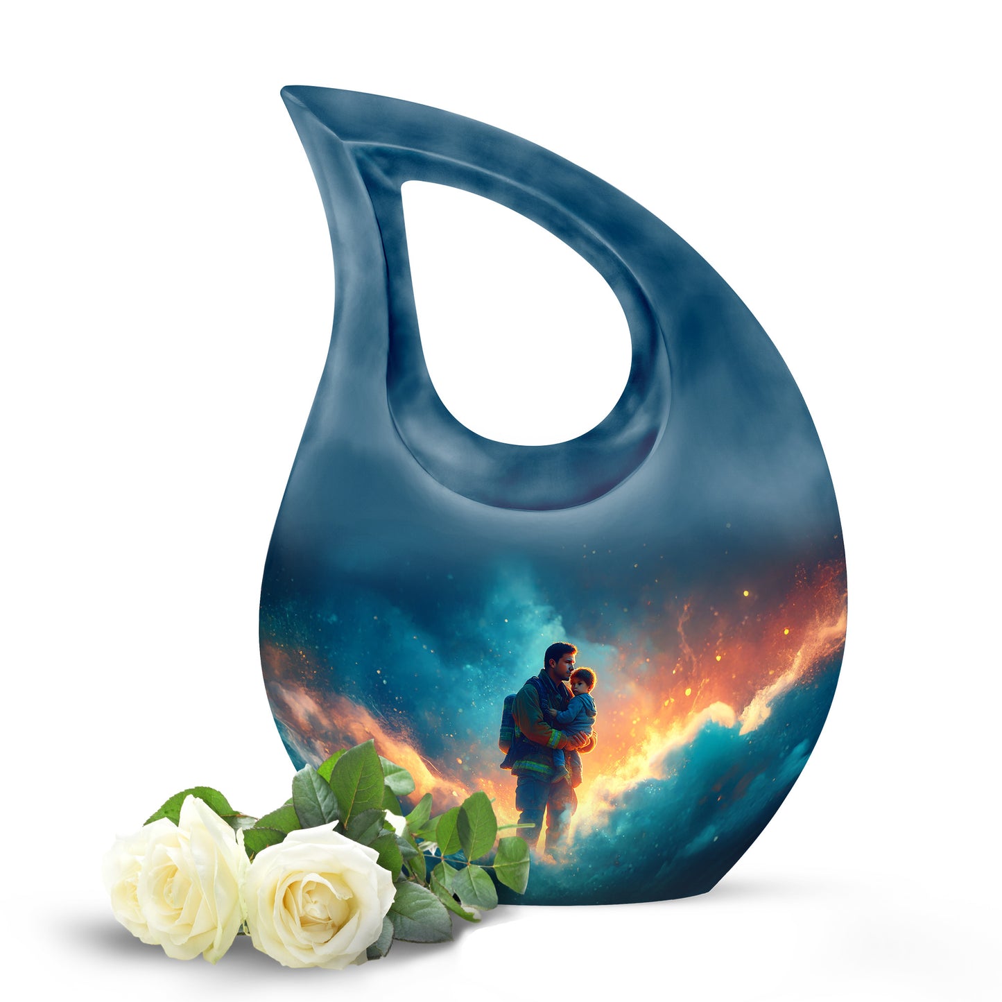 Graceful Blue Firefighter Keepsake Urn for Human Ashes - 10-inch, 200 cu in - Yatskia