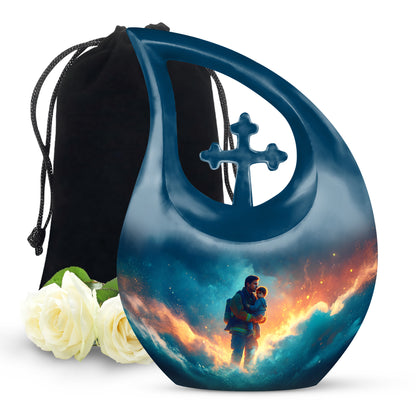 Pastel Blue Firefighter Cremation Urn top-down view of secure threaded lid - sacred cross merged with firefighter motif on metal - full-size 10 inch 200 cubic inch adult cremation urn