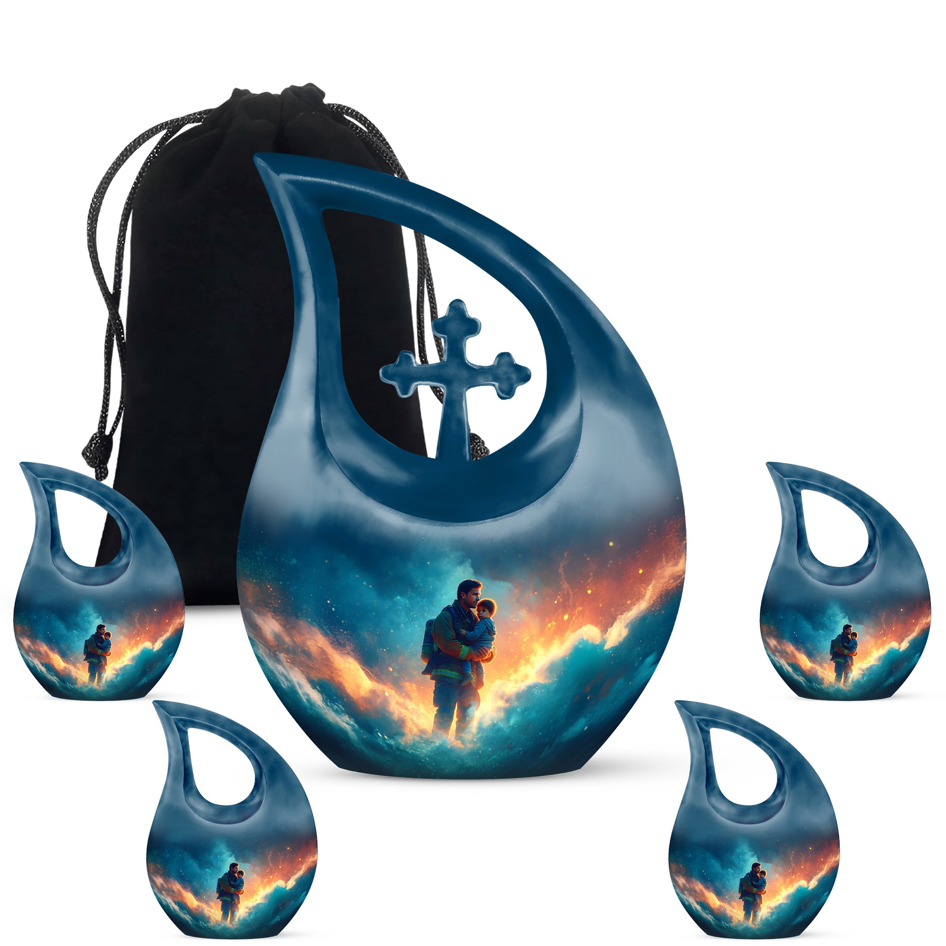 Bright Blue Firefighter Cremation Urn urn with complimentary velvet bag - faith-inspired cross-drop urn with firefighter pattern - memorial set with one large and four small urns