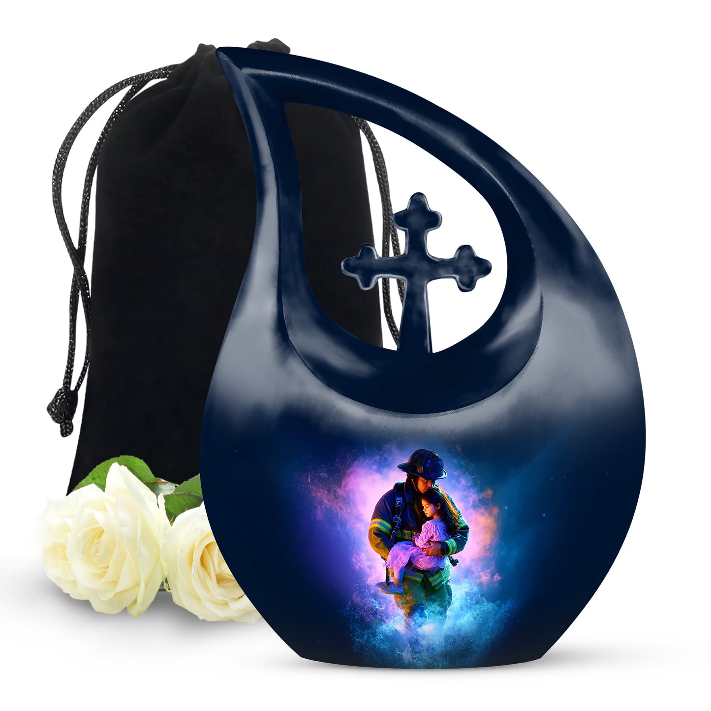 Sapphire Blue Firefighter Cremation Urn top-down view of secure threaded lid - devotional cross-drop firefighter engraving - full-size 10 inch 200 cubic inch adult cremation urn