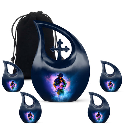 Indigo Firefighter Cremation Urn urn with complimentary velvet bag - sacred cross merged with firefighter motif on metal - memorial set with one large and four small urns