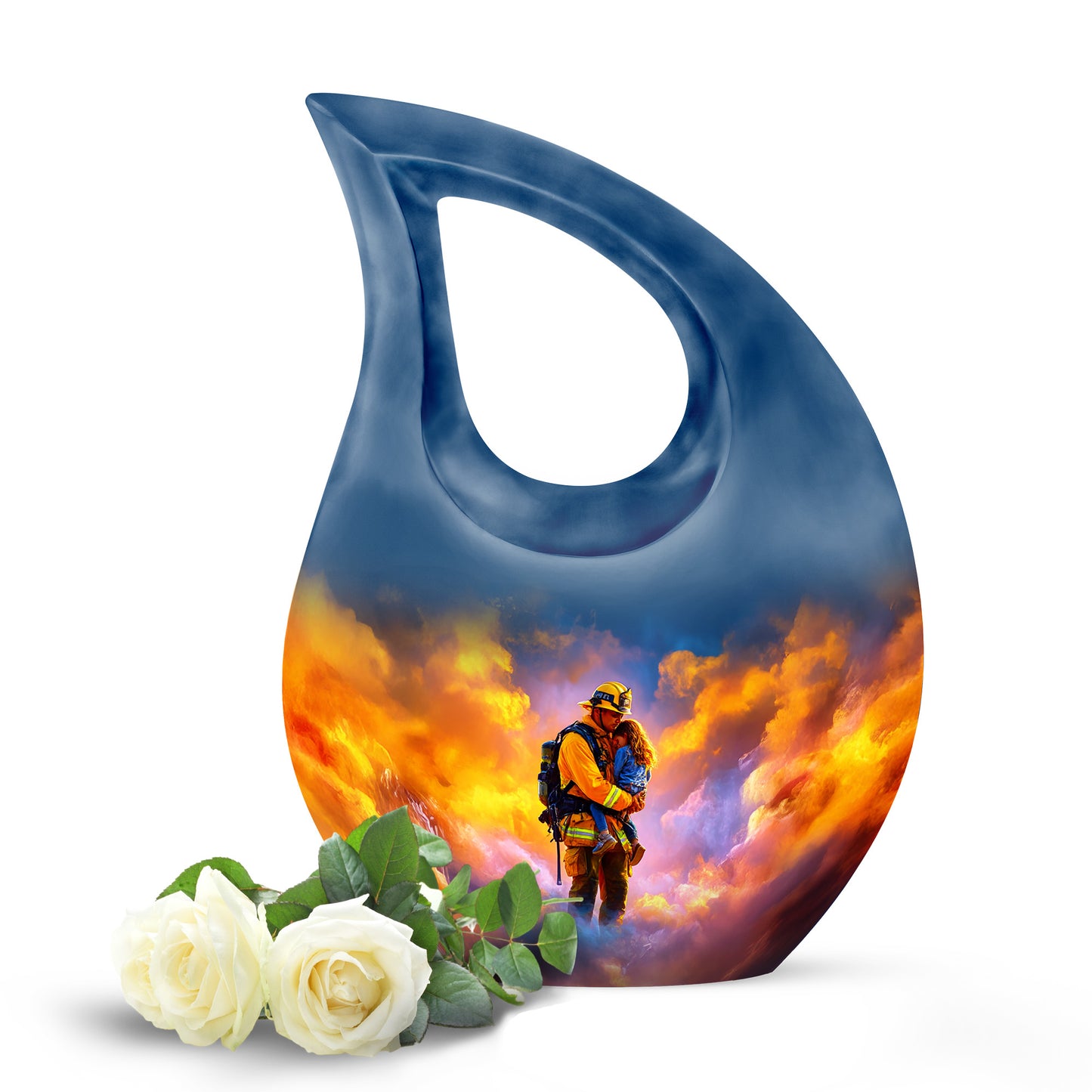 Blue Firefighter Cremation Urns - Opulent Solace 10-inch, 200 cu in - Yatskia