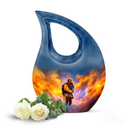 Blue Firefighter Cremation Urns - Opulent Solace 10-inch, 200 cu in - Yatskia