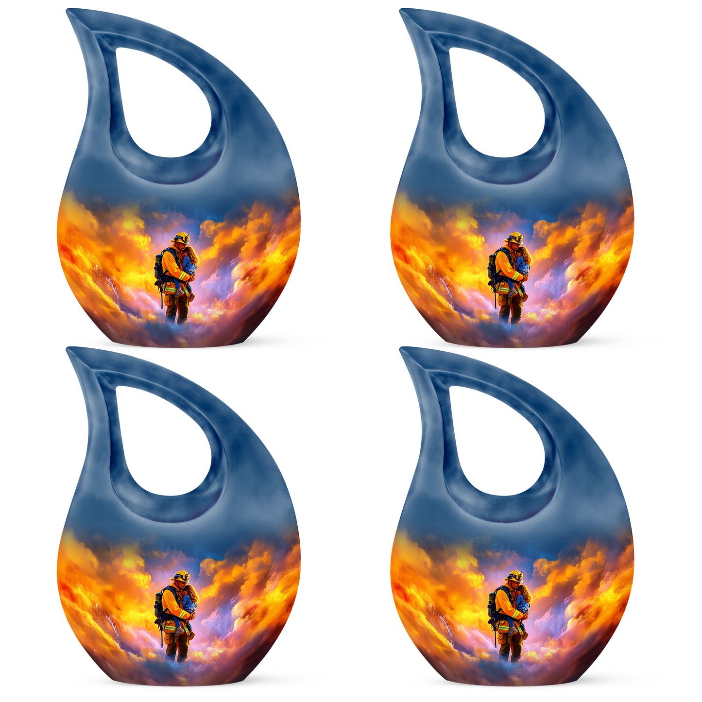 Celestial Blue Firefighter Cremation Urn lifestyle display on memorial shelf - sacred cross merged with firefighter motif on metal - 10 inch aluminum urn for cremated remains