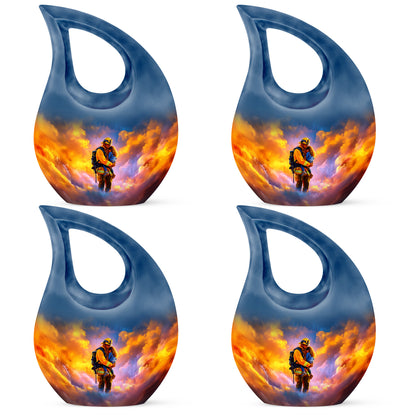 Celestial Blue Firefighter Cremation Urn lifestyle display on memorial shelf - sacred cross merged with firefighter motif on metal - 10 inch aluminum urn for cremated remains