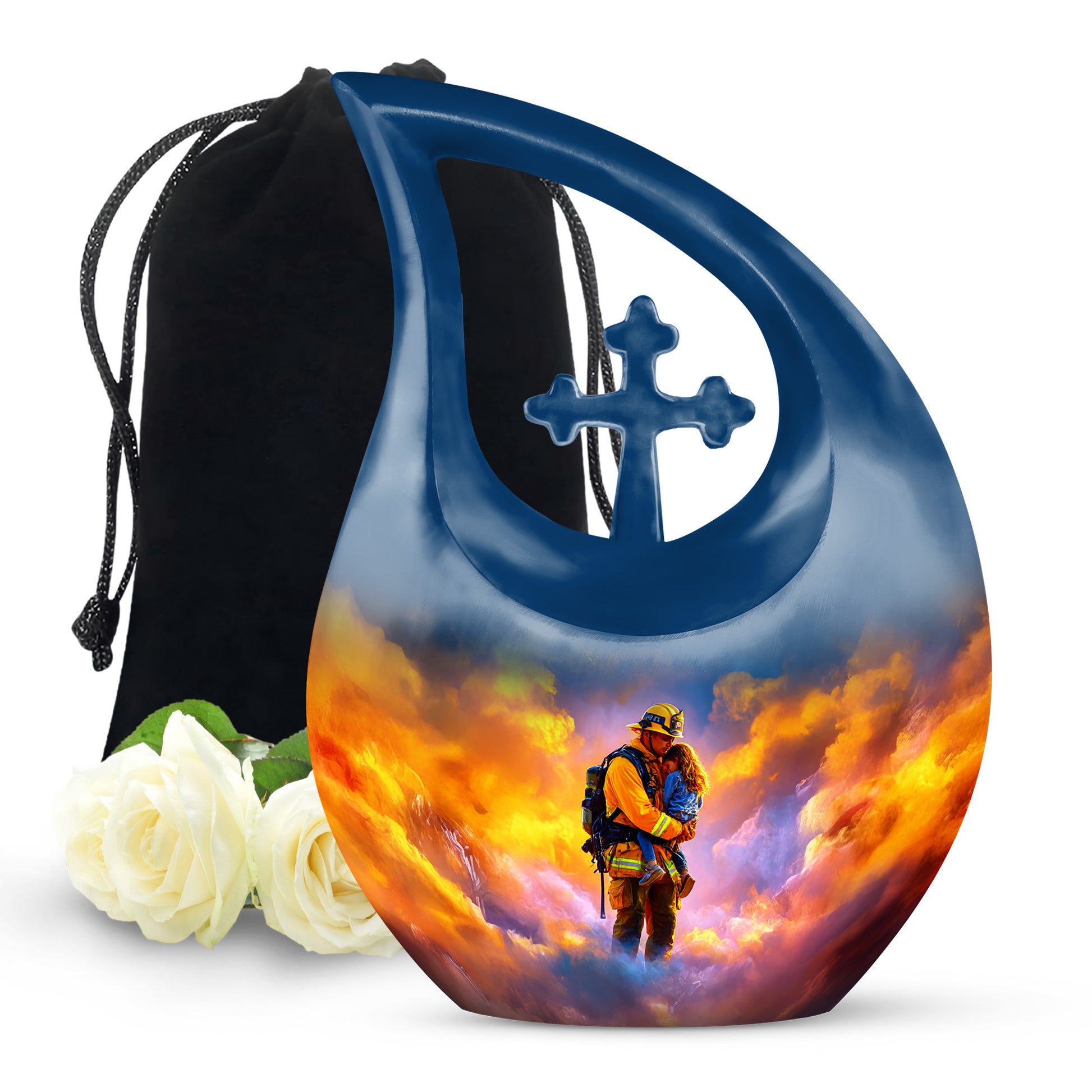 Celestial Blue Firefighter Cremation Urn top-down view of secure threaded lid - cross and firefighter combined in spiritual memorial design - full-size 10 inch 200 cubic inch adult cremation urn