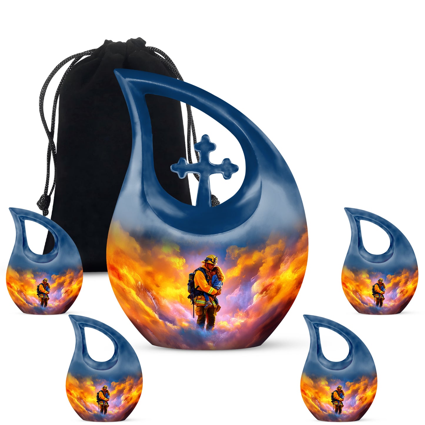 Calming Blue Firefighter Cremation Urn urn with complimentary velvet bag - devotional cross-drop firefighter engraving - memorial set with one large and four small urns