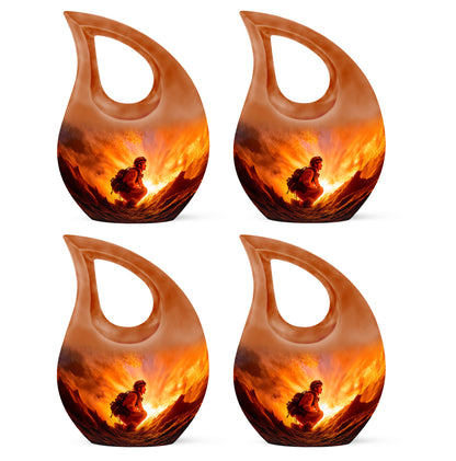 Fiery Red Firefighter Cremation Urn lifestyle display on memorial shelf - devotional cross-drop firefighter engraving - 10 inch aluminum urn for cremated remains