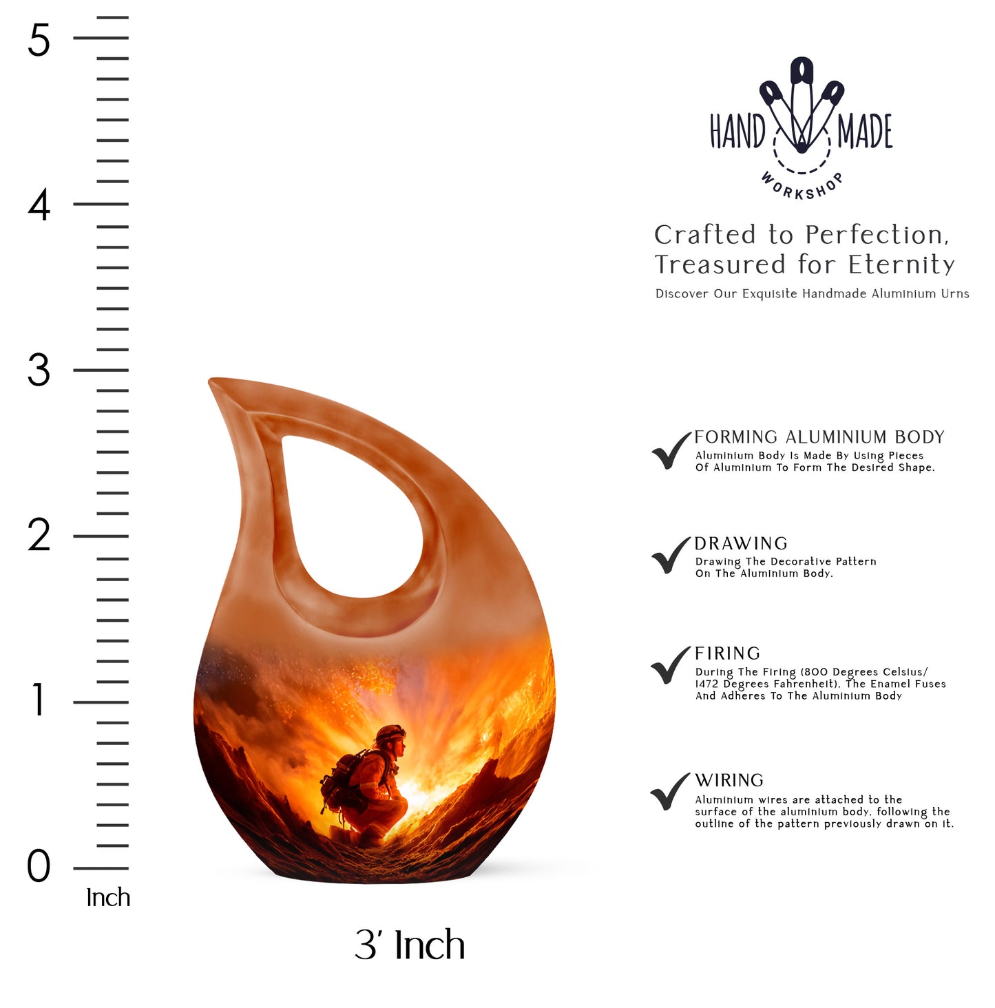 Scarlet Red Firefighter Cremation Urn back view with polished surface - devotional cross-drop firefighter engraving - mini keepsake memorial for portion of cremation ashes