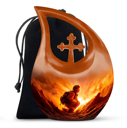 Scarlet Red Firefighter Cremation Urn top-down view of secure threaded lid - faith-inspired cross-drop urn with firefighter pattern - full-size 10 inch 200 cubic inch adult cremation urn