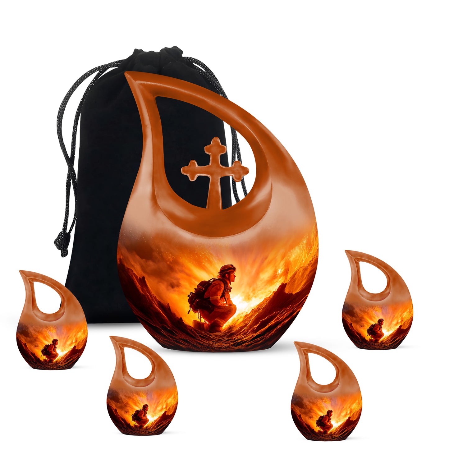 Wine Red Firefighter Cremation Urn urn with complimentary velvet bag - cross and firefighter combined in spiritual memorial design - memorial set with one large and four small urns
