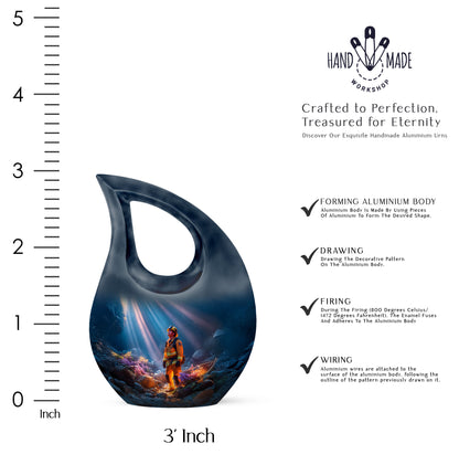 Calming Blue Firefighter Cremation Urn back view with polished surface - faith-inspired cross-drop urn with firefighter pattern - mini keepsake memorial for portion of cremation ashes