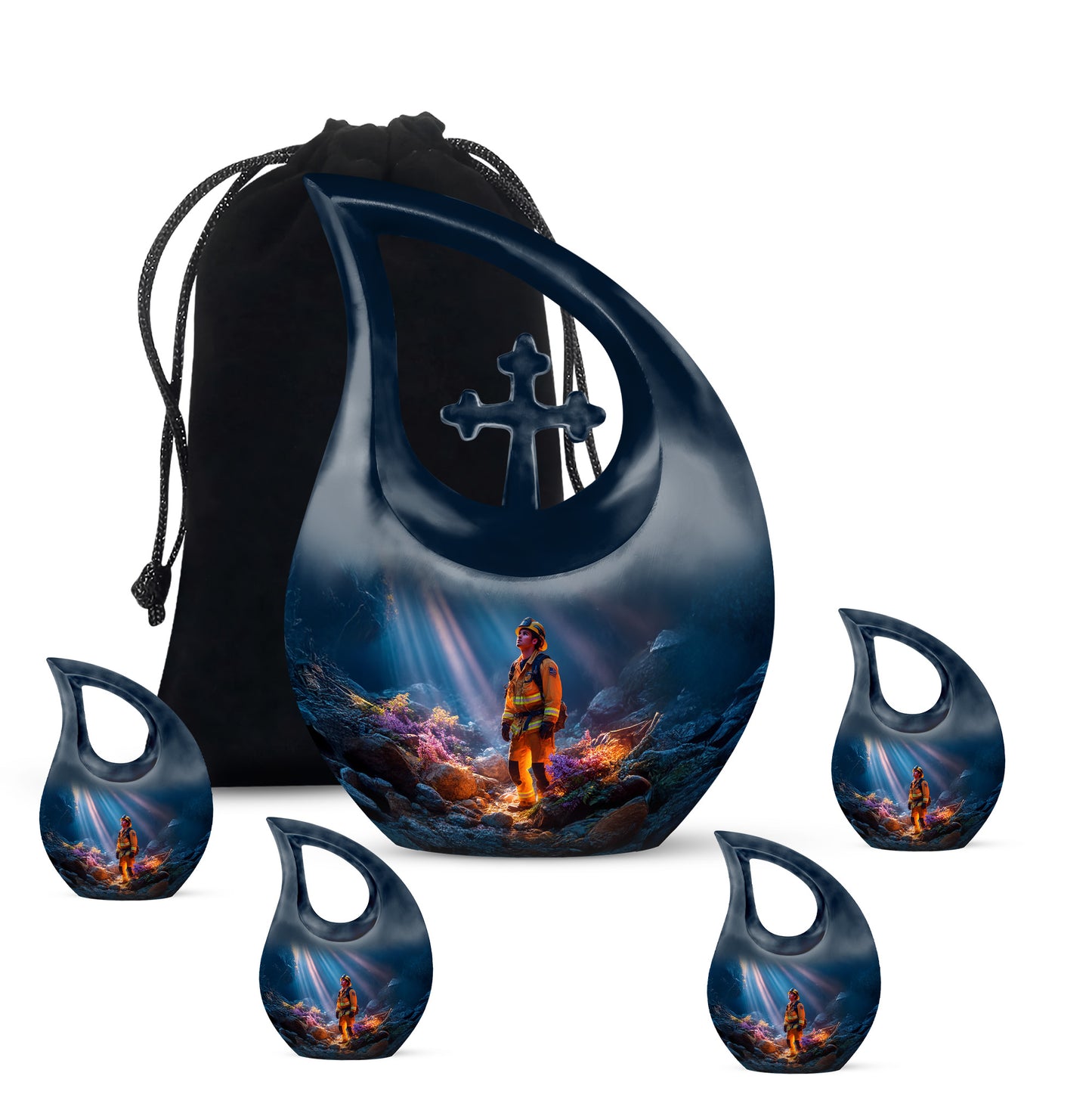 Royal Blue Firefighter Cremation Urn urn with complimentary velvet bag - faith-inspired cross-drop urn with firefighter pattern - memorial set with one large and four small urns