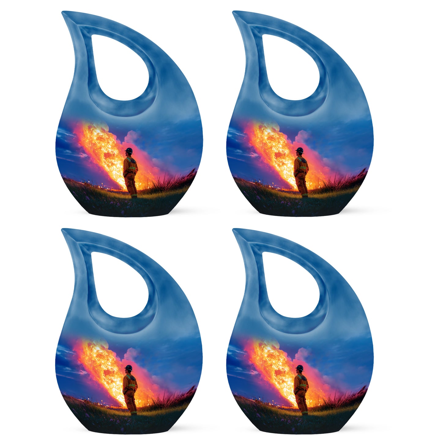 Soft Blue Firefighter Cremation Urn lifestyle display on memorial shelf - devotional cross-drop firefighter engraving - 10 inch aluminum urn for cremated remains