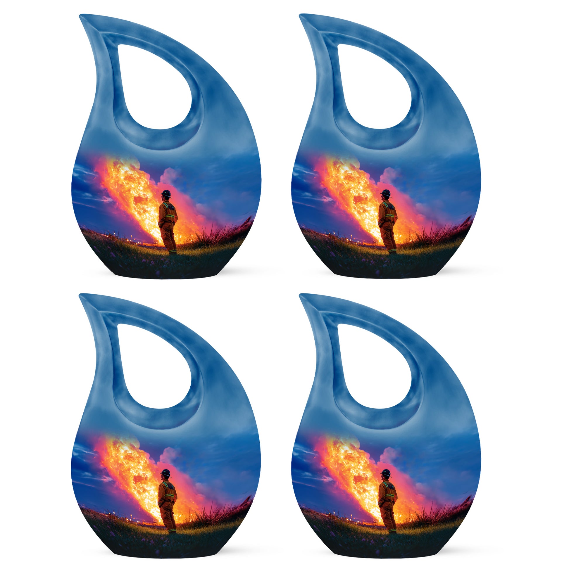 Soft Blue Firefighter Cremation Urn lifestyle display on memorial shelf - devotional cross-drop firefighter engraving - 10 inch aluminum urn for cremated remains